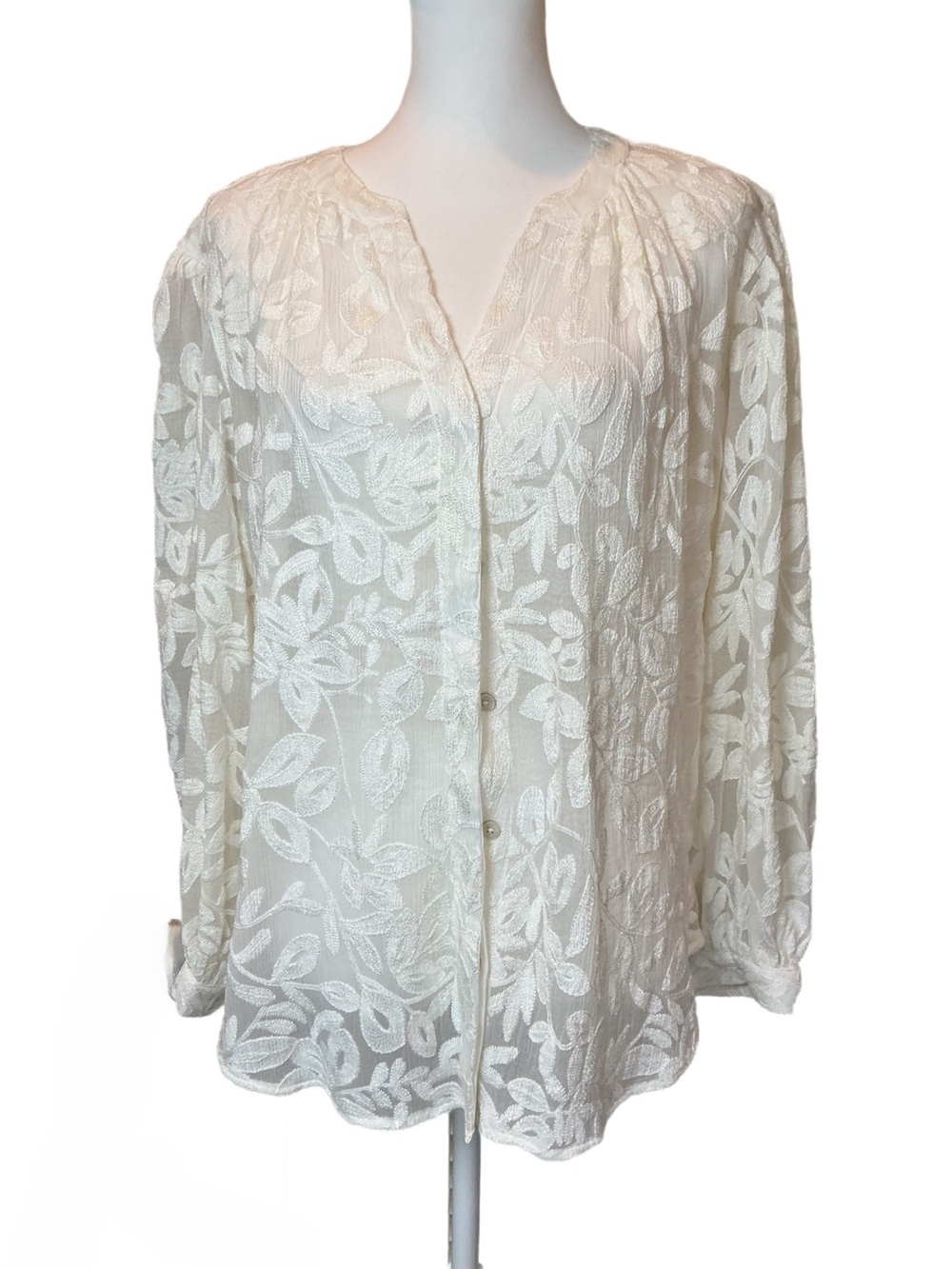 Chico's Ivory Ecru Floral Lace Burnout Flowy Button-Front Blouse